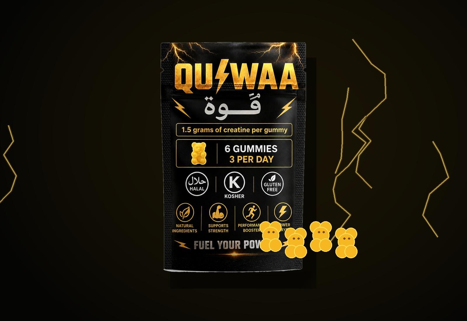 QUIWAA creatine gummies package with premium lightning lighting