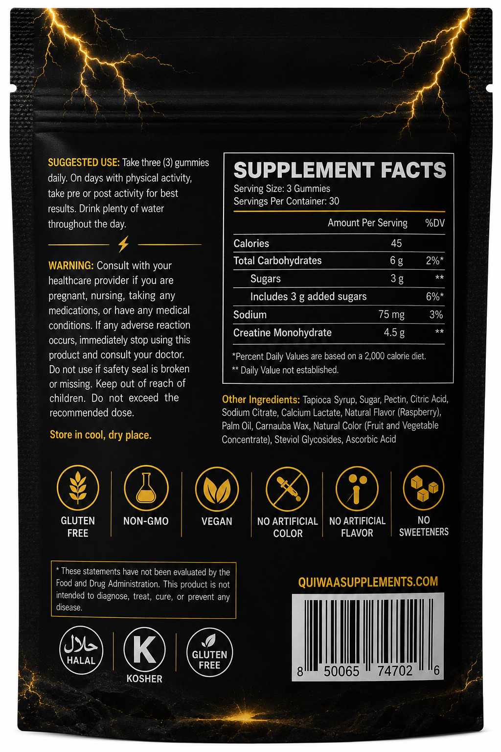QUIWAA supplement facts from official packaging